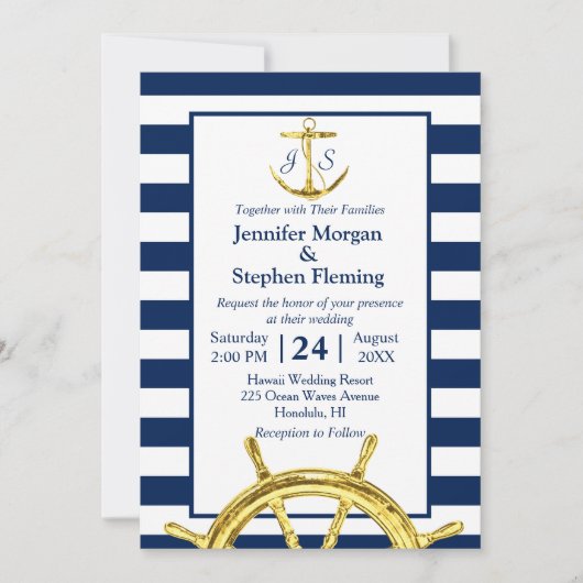 Nautical Gold and Navy Blue Stripes Wedding Kaart (Voorkant)