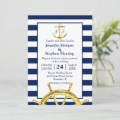 Nautical Gold and Navy Blue Stripes Wedding Kaart (Staand voorkant)