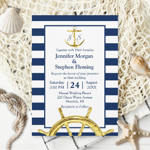 Nautical Gold and Navy Blue Stripes Wedding Kaart