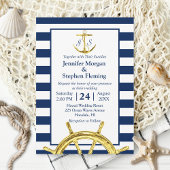 Nautical Gold and Navy Blue Stripes Wedding Kaart