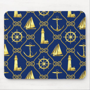 Nautical Gold Blue Lighthouse Sailboat Desk Muismat