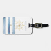 Nautical Gold Boat Wheel, Blue Waterverf Stripes Bagagelabel (Voorkant horizontaal)
