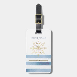 Nautical Gold Boat Wheel, Blue Waterverf Stripes Bagagelabel
