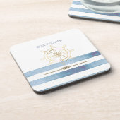 Nautical Gold Boat Wheel, Blue Waterverf Stripes Bier Onderzetter (Linkerzijde)