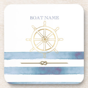 Nautical Gold Boat Wheel, Blue Waterverf Stripes Bier Onderzetter