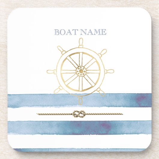 Nautical Gold Boat Wheel, Blue Waterverf Stripes Bier Onderzetter (Voorkant)