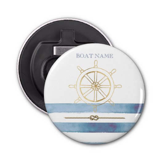 Nautical Gold Boat Wheel, Blue Waterverf Stripes Button Flesopener (Voorkant)