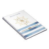 Nautical Gold Boat Wheel, Blue Waterverf Stripes Notitieboek (Rechterzijde)