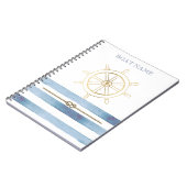 Nautical Gold Boat Wheel, Blue Waterverf Stripes Notitieboek (Linkerzijde)