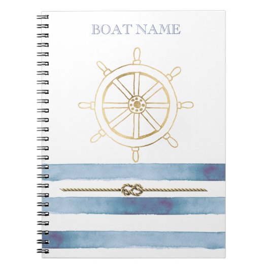 Nautical Gold Boat Wheel, Blue Waterverf Stripes Notitieboek (Voorkant)