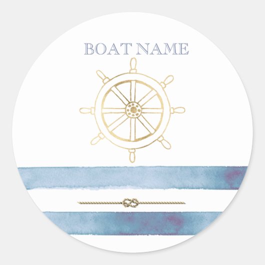 Nautical Gold Boat Wheel, Blue Waterverf Stripes Ronde Sticker (Voorkant)