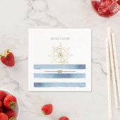 Nautical Gold Boat Wheel, Blue Waterverf Stripes Servet (Insitu)