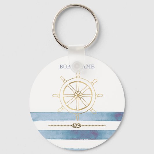 Nautical Gold Boat Wheel, Blue Waterverf Stripes Sleutelhanger (Voorkant)