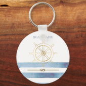 Nautical Gold Boat Wheel, Blue Waterverf Stripes Sleutelhanger (Voorkant)