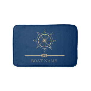 Nautical Gold Boat Wheel, Navy Blue Badmat