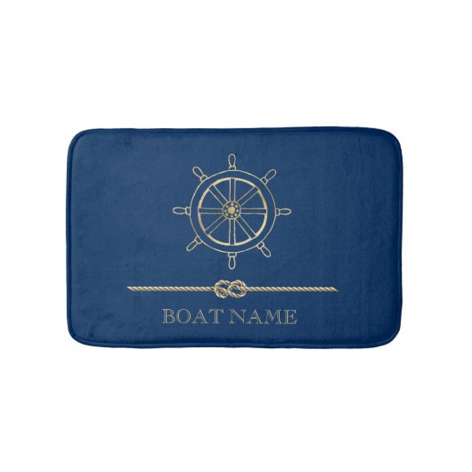 Nautical Gold Boat Wheel, Navy Blue Badmat (Voorkant)