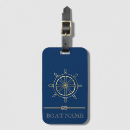 Nautical Gold Boat Wheel, Navy Blue Bagagelabel