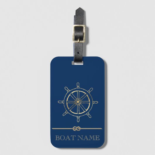 Nautical Gold Boat Wheel, Navy Blue Bagagelabel (Voorkant (verticaal))