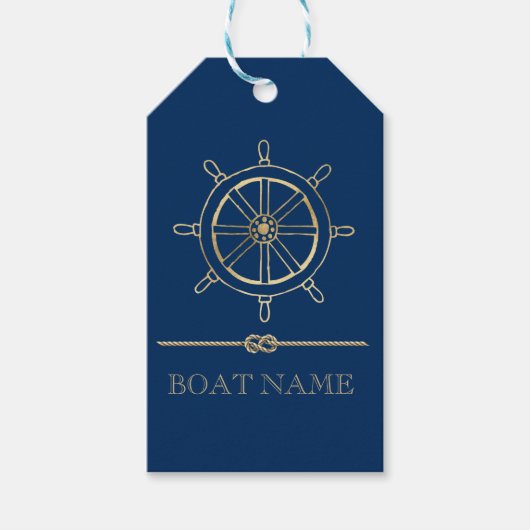 Nautical Gold Boat Wheel, Navy Blue Cadeaulabel (Voorkant)