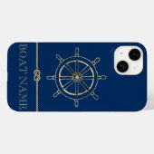 Nautical Gold Boat Wheel, Navy Blue Case-Mate iPhone Case (Achterkant (horizontaal))