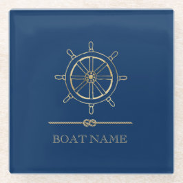 Nautical Gold Boat Wheel, Navy Blue Glazen Onderzetter
