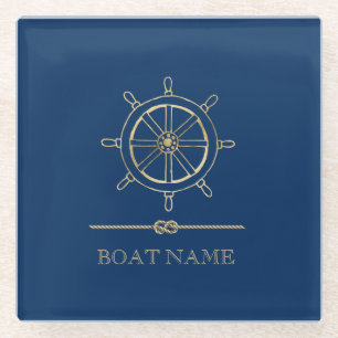 Nautical Gold Boat Wheel, Navy Blue Glazen Onderzetter