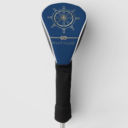 Nautical Gold Boat Wheel, Navy Blue Golfheadcover (Voorkant)
