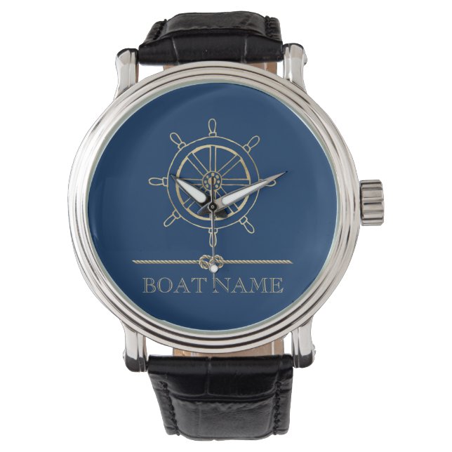 Nautical Gold Boat Wheel, Navy Blue Horloge (Voorkant)