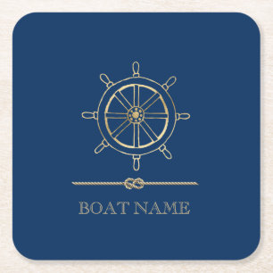 Nautical Gold Boat Wheel, Navy Blue Kartonnen Onderzetters