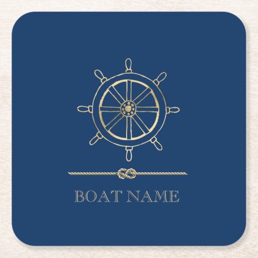 Nautical Gold Boat Wheel, Navy Blue Kartonnen Onderzetters (Voorkant)
