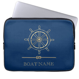 Nautical Gold Boat Wheel, Navy Blue Laptop Sleeve