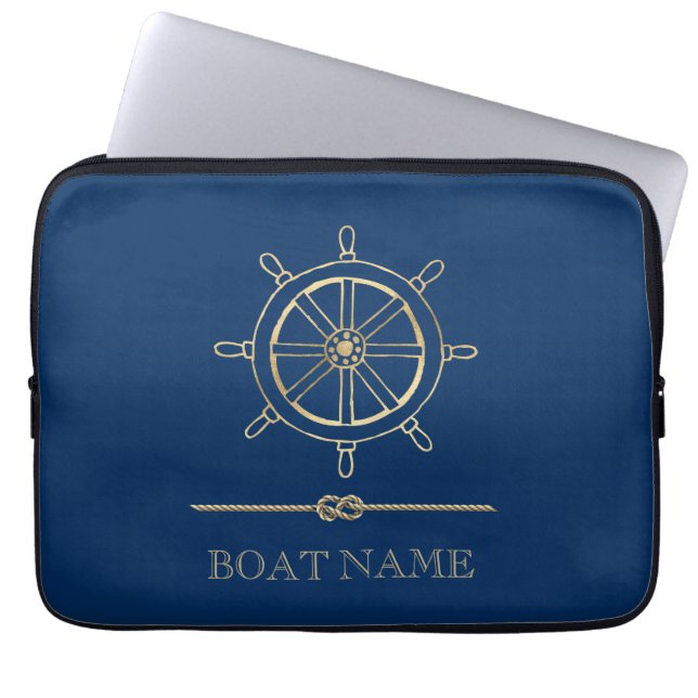 Nautical Gold Boat Wheel, Navy Blue Laptop Sleeve (Voorkant)