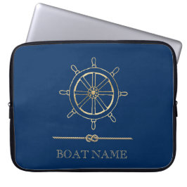 Nautical Gold Boat Wheel, Navy Blue Laptop Sleeve