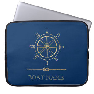 Nautical Gold Boat Wheel, Navy Blue Laptop Sleeve