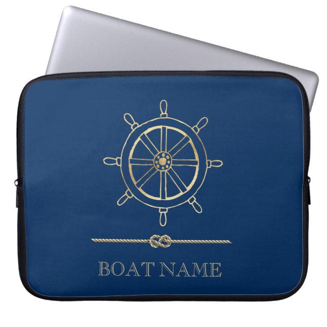 Nautical Gold Boat Wheel, Navy Blue Laptop Sleeve (Voorkant)