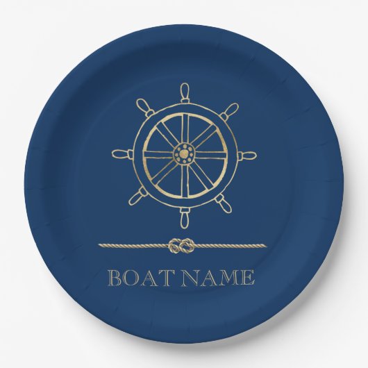 Nautical Gold Boat Wheel, Navy Blue Papieren Bordje (Voorkant)