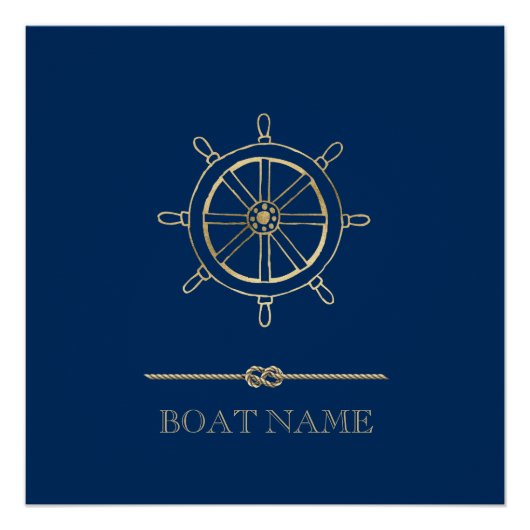 Nautical Gold Boat Wheel, Navy Blue Perfect Poster (Voorkant)