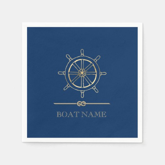 Nautical Gold Boat Wheel, Navy Blue Servet (Voorkant)
