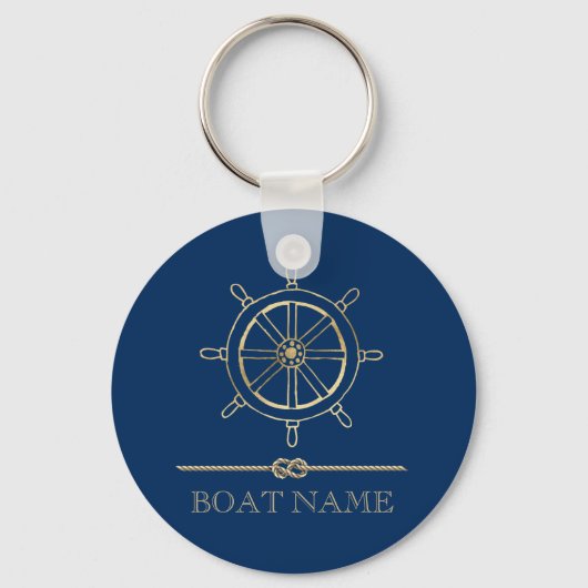 Nautical Gold Boat Wheel, Navy Blue Sleutelhanger (Voorkant)