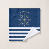 Nautical, Gold Boat Wheel, Navy Blue Stripes Bad Handdoek (Wasdoekje)