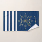 Nautical, Gold Boat Wheel, Navy Blue Stripes Bad Handdoek (Handdoek)