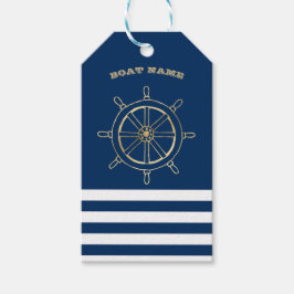 Nautical, Gold Boat Wheel, Navy Blue Stripes Cadeaulabel