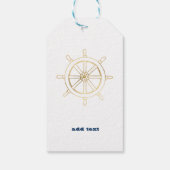 Nautical, Gold Boat Wheel, Navy Blue Stripes Cadeaulabel (Achterkant)