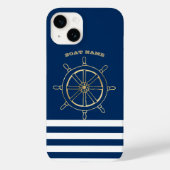 Nautical, Gold Boat Wheel, Navy Blue Stripes Case-Mate iPhone Case (Achterkant)