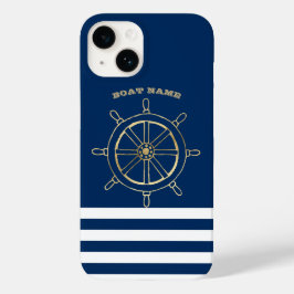 Nautical, Gold Boat Wheel, Navy Blue Stripes Case-Mate iPhone 14 Hoesje