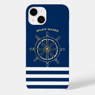 Nautical, Gold Boat Wheel, Navy Blue Stripes Case-Mate iPhone 14 Hoesje