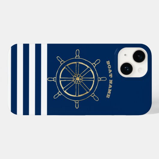 Nautical, Gold Boat Wheel, Navy Blue Stripes Case-Mate iPhone Case (Achterkant (horizontaal))
