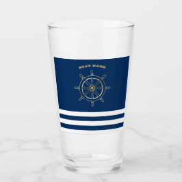 Nautical, Gold Boat Wheel, Navy Blue Stripes Glas