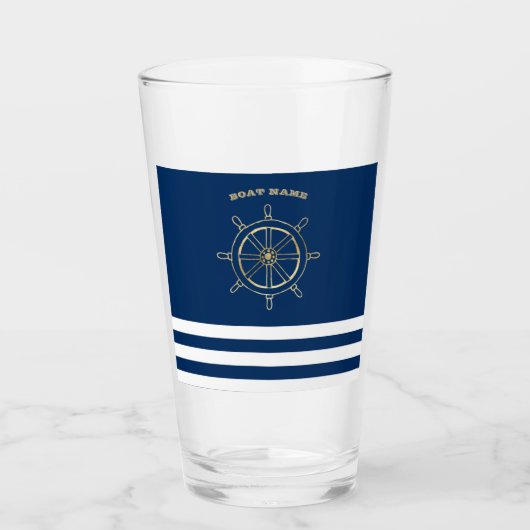 Nautical, Gold Boat Wheel, Navy Blue Stripes Glas (Voorkant)