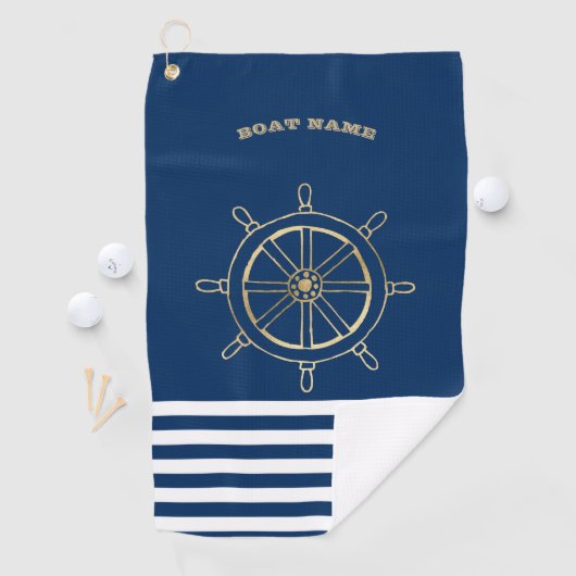 Nautical, Gold Boat Wheel, Navy Blue Stripes Golfhanddoek (Insitu)